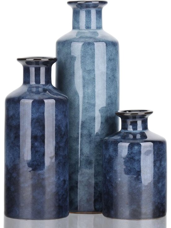 Other - Blue Ceramic Vase Set - 3 Blue Small Vases, Farmhouse Country Flower Vase Home D